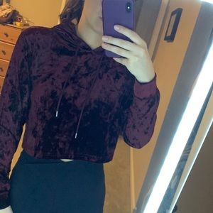 Maroon crushed velvet cropped hoodie